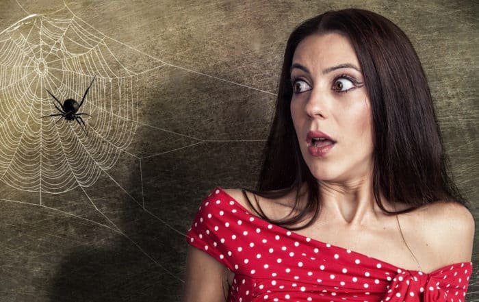 Woman startled by spider and cobweb next to her